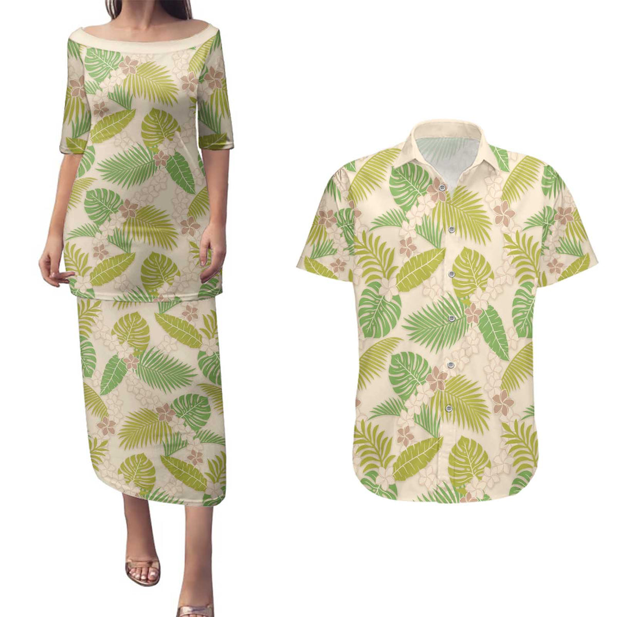 Beige Hawaii Plumeria Lei With Tropical Leaves Couples Matching Puletasi and Hawaiian Shirt