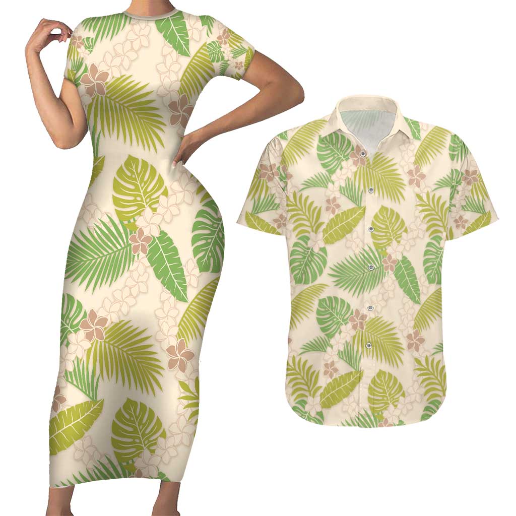 Beige Hawaii Plumeria Lei With Tropical Leaves Couples Matching Short Sleeve Bodycon Dress and Hawaiian Shirt