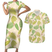 Beige Hawaii Plumeria Lei With Tropical Leaves Couples Matching Short Sleeve Bodycon Dress and Hawaiian Shirt