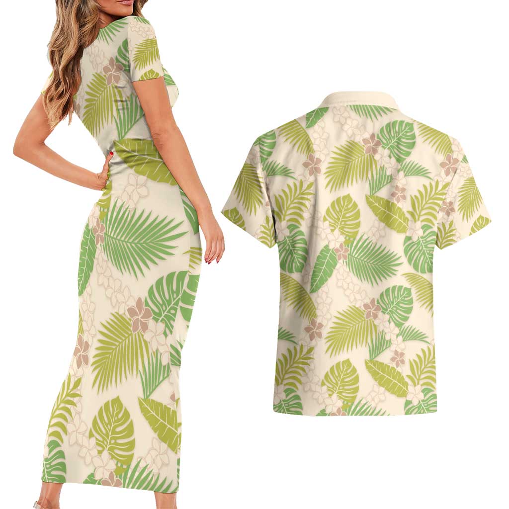 Beige Hawaii Plumeria Lei With Tropical Leaves Couples Matching Short Sleeve Bodycon Dress and Hawaiian Shirt