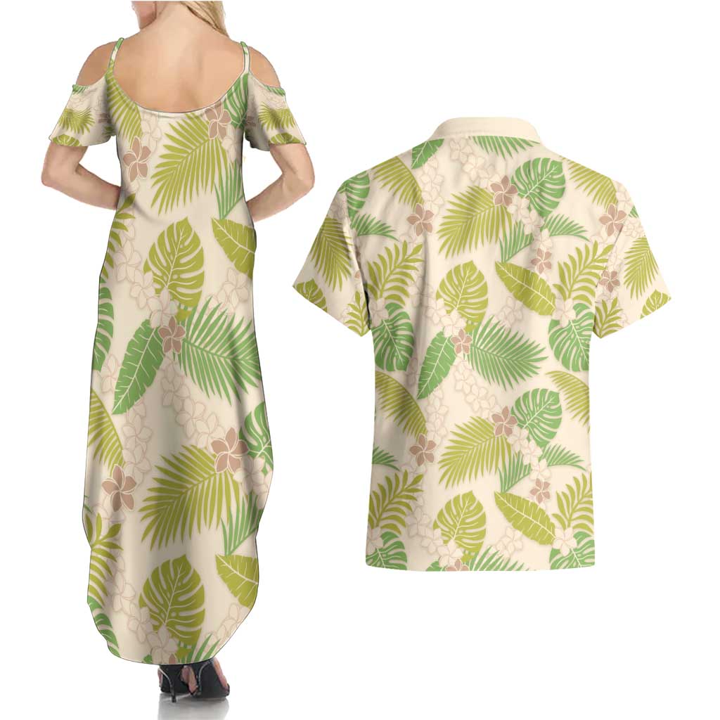 Beige Hawaii Plumeria Lei With Tropical Leaves Couples Matching Summer Maxi Dress and Hawaiian Shirt