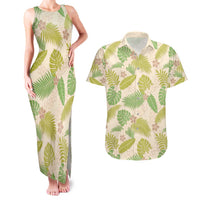 Beige Hawaii Plumeria Lei With Tropical Leaves Couples Matching Tank Maxi Dress and Hawaiian Shirt