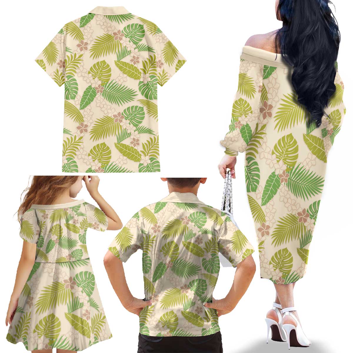 Beige Hawaii Plumeria Lei With Tropical Leaves Family Matching Off The Shoulder Long Sleeve Dress and Hawaiian Shirt