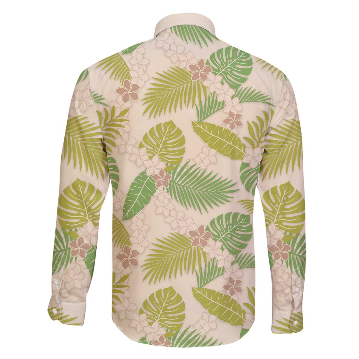 Beige Hawaii Plumeria Lei With Tropical Leaves Family Matching Off The Shoulder Long Sleeve Dress and Hawaiian Shirt