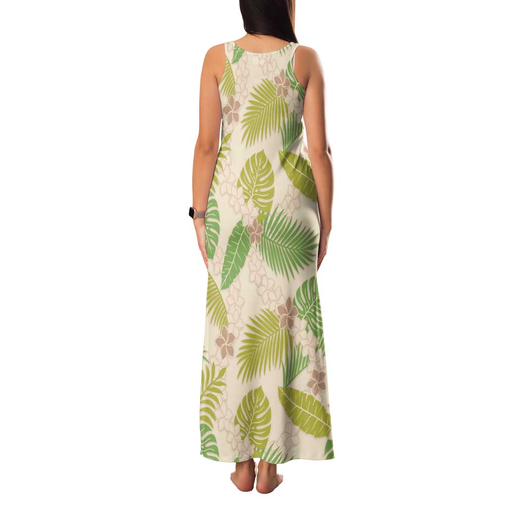 Beige Hawaii Plumeria Lei With Tropical Leaves Family Matching Tank Maxi Dress and Hawaiian Shirt