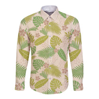 Beige Hawaii Plumeria Lei With Tropical Leaves Long Sleeve Button Shirt LT14 Unisex Beige - Polynesian Pride