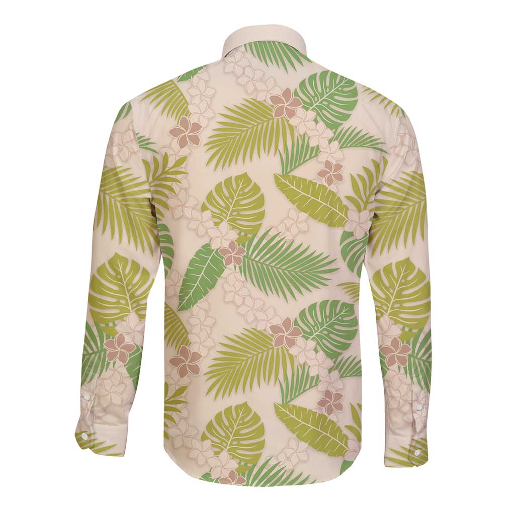 Beige Hawaii Plumeria Lei With Tropical Leaves Long Sleeve Button Shirt LT14 - Polynesian Pride