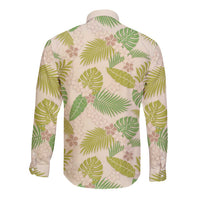Beige Hawaii Plumeria Lei With Tropical Leaves Long Sleeve Button Shirt LT14 - Polynesian Pride