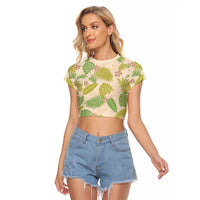 Beige Hawaii Plumeria Lei With Tropical Leaves Raglan Cropped T Shirt LT14 Female Beige - Polynesian Pride