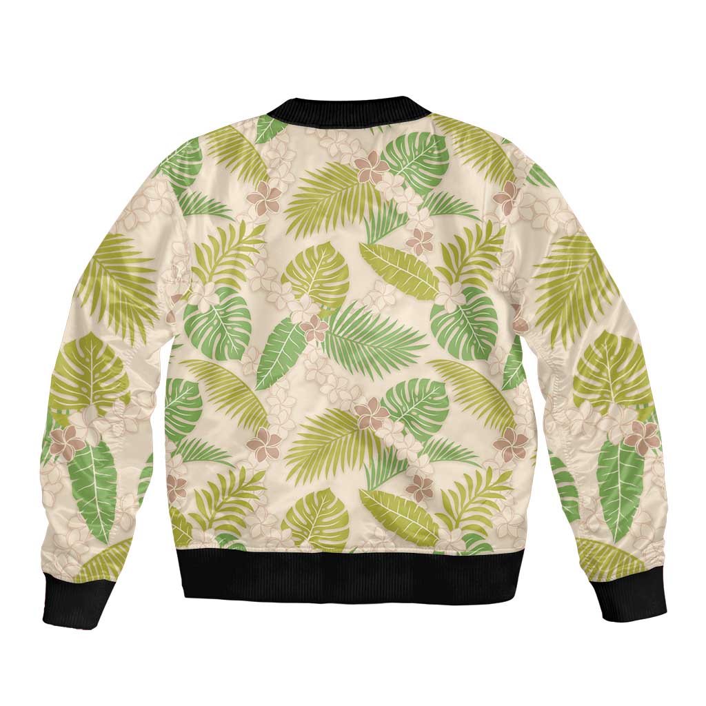 Beige Hawaii Plumeria Lei With Tropical Leaves Sleeve Zip Bomber Jacket LT14 - Polynesian Pride