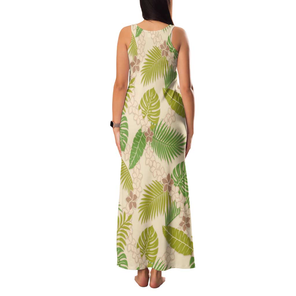 Beige Hawaii Plumeria Lei With Tropical Leaves Tank Maxi Dress