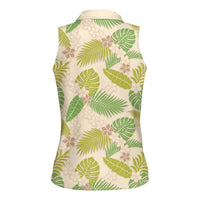 Beige Hawaii Plumeria Lei With Tropical Leaves Women Sleeveless Polo Shirt
