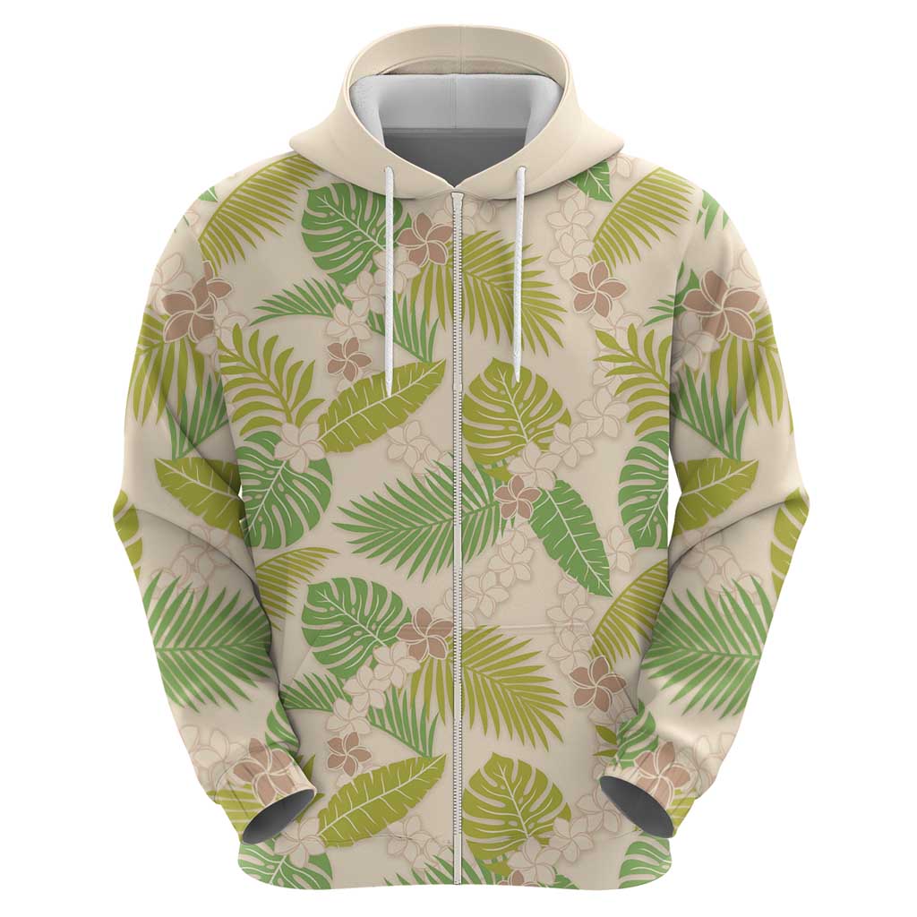 Beige Hawaii Plumeria Lei With Tropical Leaves Zip Hoodie