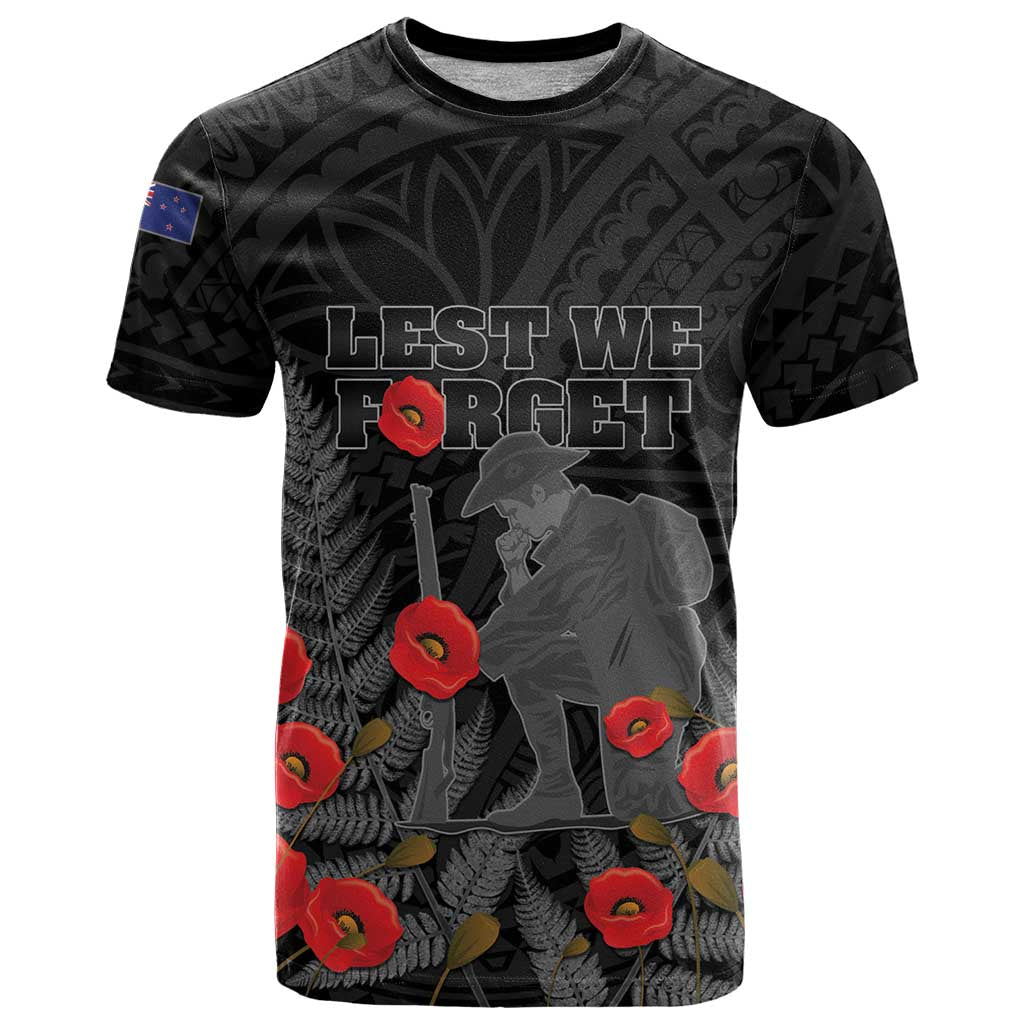 Personalised New Zealand ANZAC Day T Shirt Lest We Forget Soldier Memorial LT15 Black - Polynesian Pride