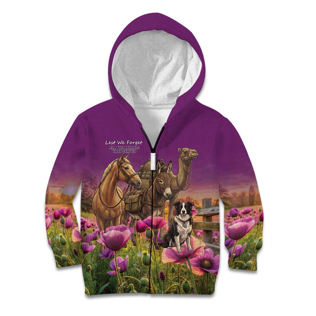 ANZAC Day Kid Hoodie Lest We Forget The Animals Of War LT15 Zip Hoodie Purple - Polynesian Pride