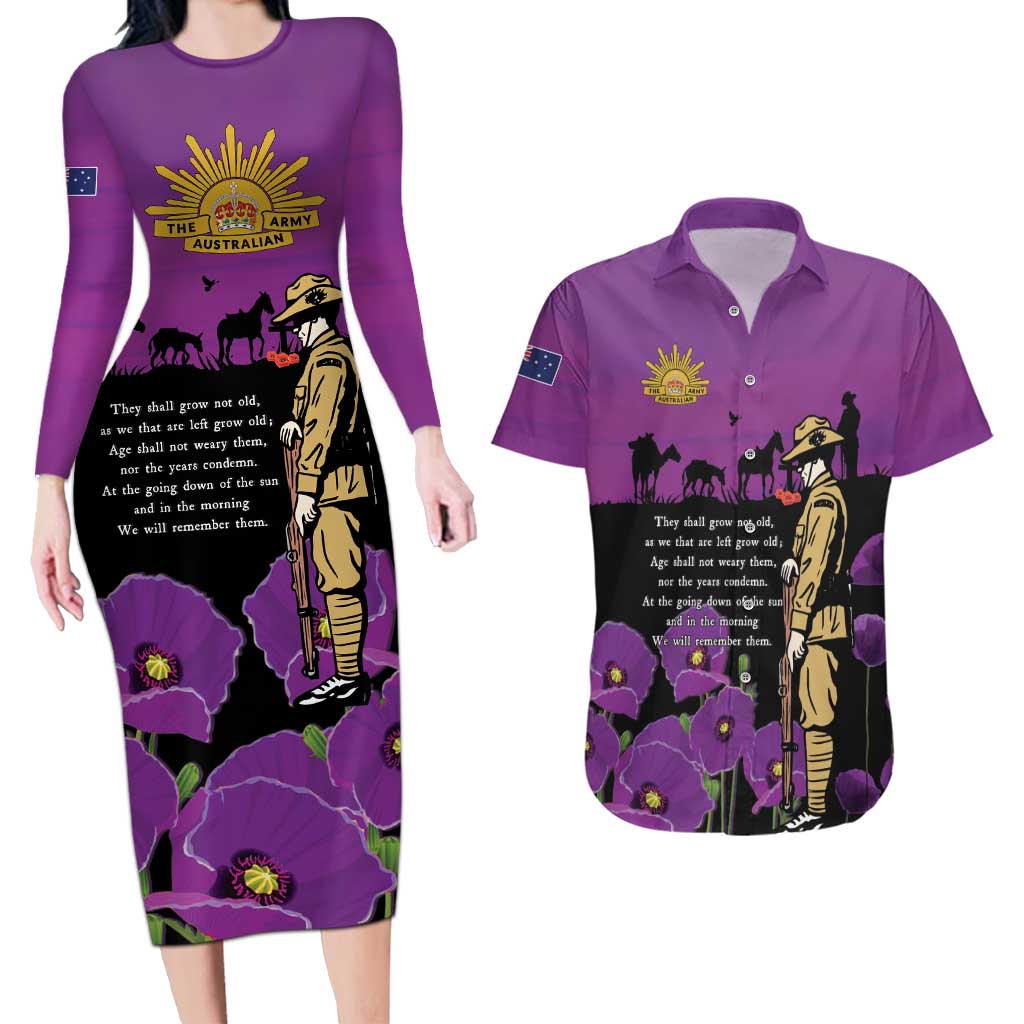 ANZAC Soldier and War Animals Couples Matching Long Sleeve Bodycon Dress and Hawaiian Shirt We Will Remember Them
