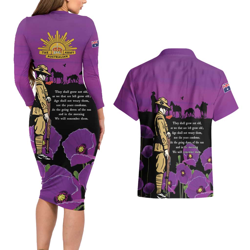 ANZAC Soldier and War Animals Couples Matching Long Sleeve Bodycon Dress and Hawaiian Shirt We Will Remember Them