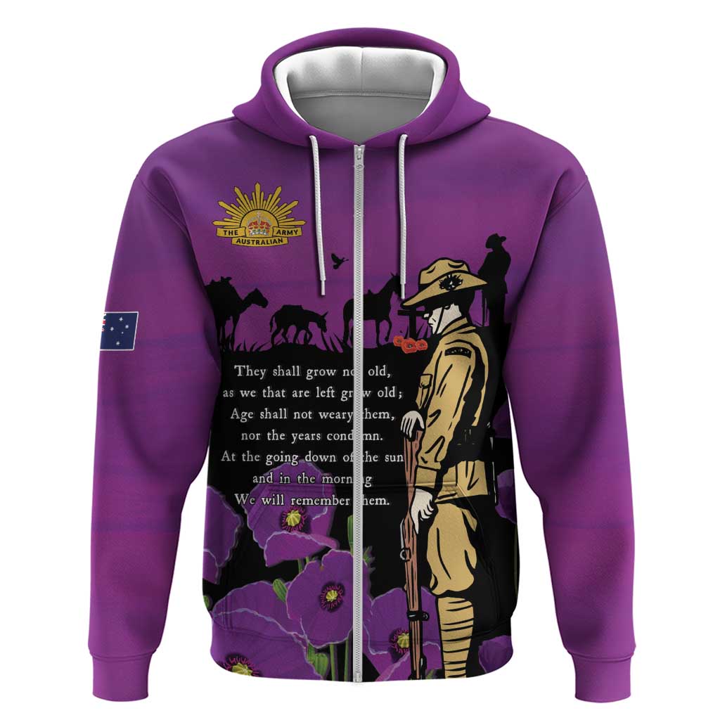 ANZAC Soldier and War Animals Hoodie We Will Remember Them LT15 Zip Hoodie Purple - Polynesian Pride
