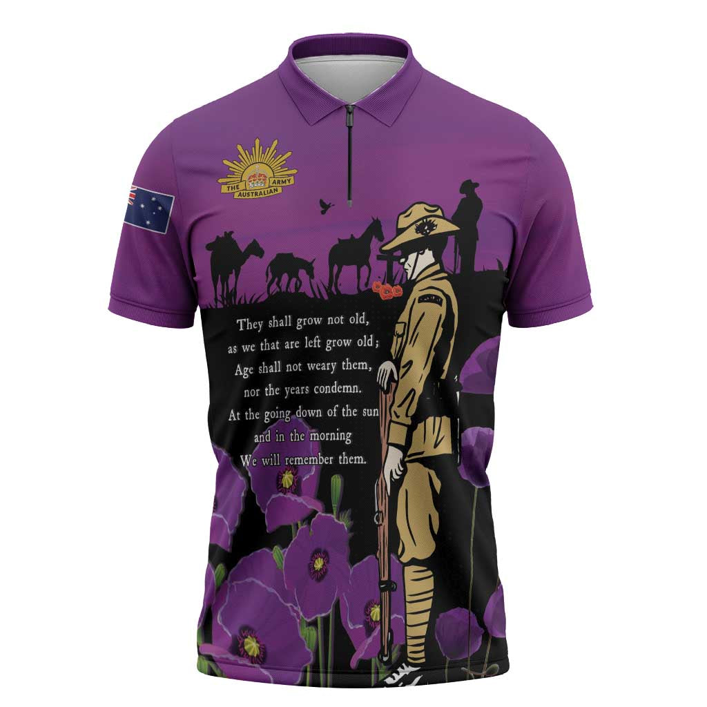 ANZAC Soldier and War Animals Zipper Polo Shirt We Will Remember Them