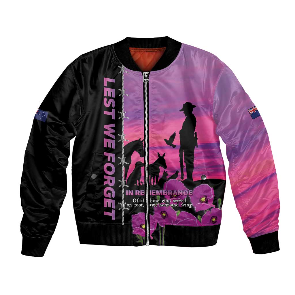 Personalised ANZAC War Animals Bomber Jacket Lest We Forget Memorial LT15 Unisex Purple - Polynesian Pride