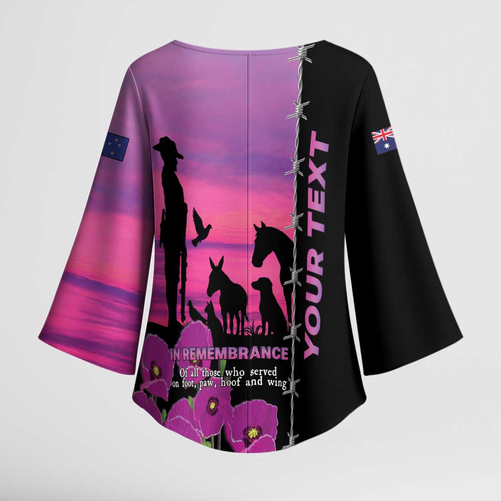 Personalised ANZAC War Animals Kimono Sleeve Blouse Lest We Forget Memorial
