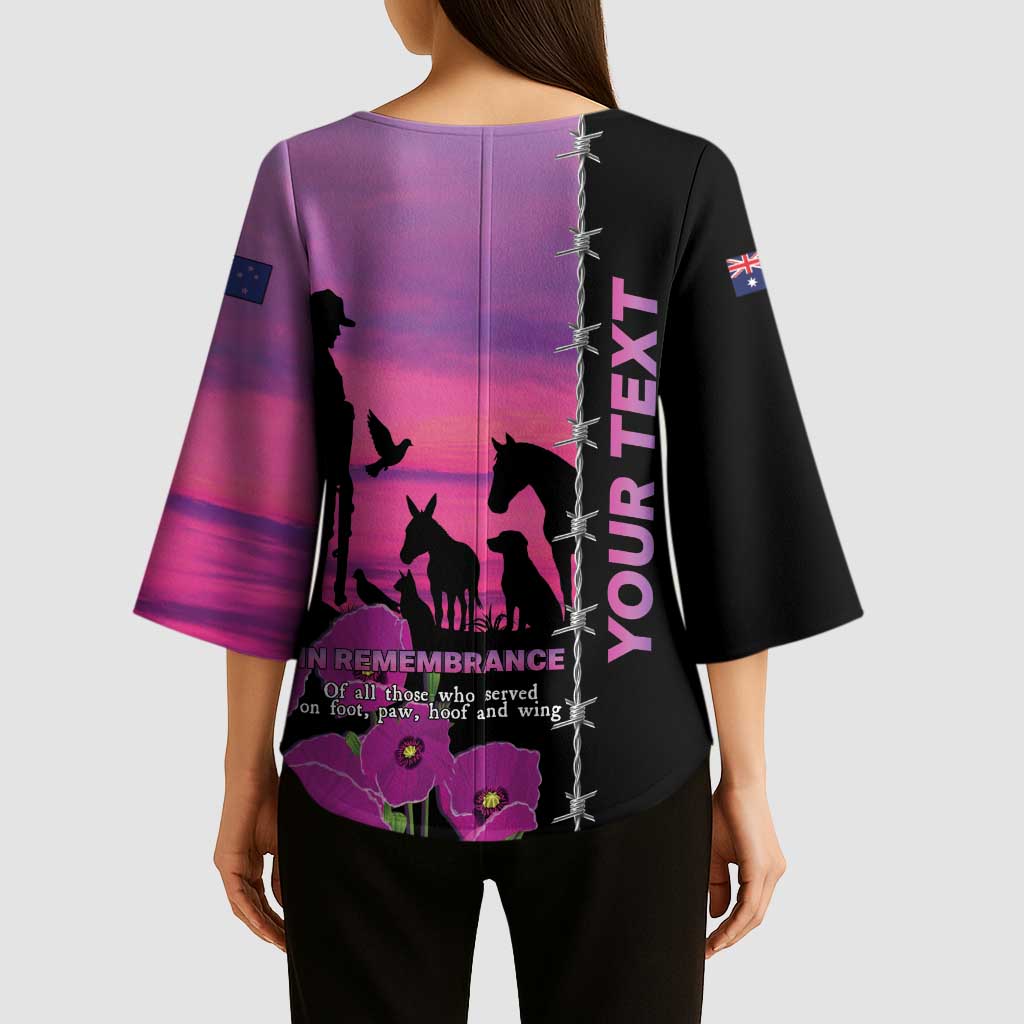 Personalised ANZAC War Animals Kimono Sleeve Blouse Lest We Forget Memorial