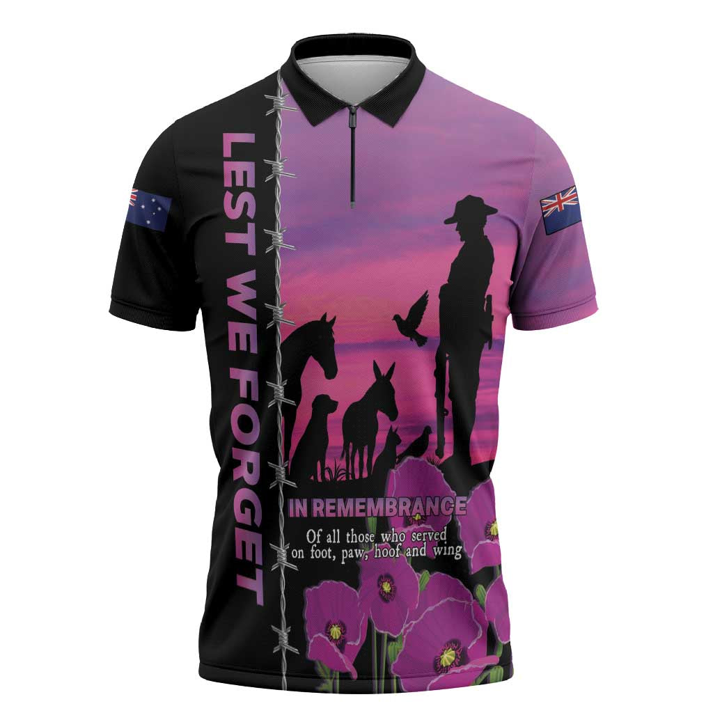 Personalised ANZAC War Animals Zipper Polo Shirt Lest We Forget Memorial