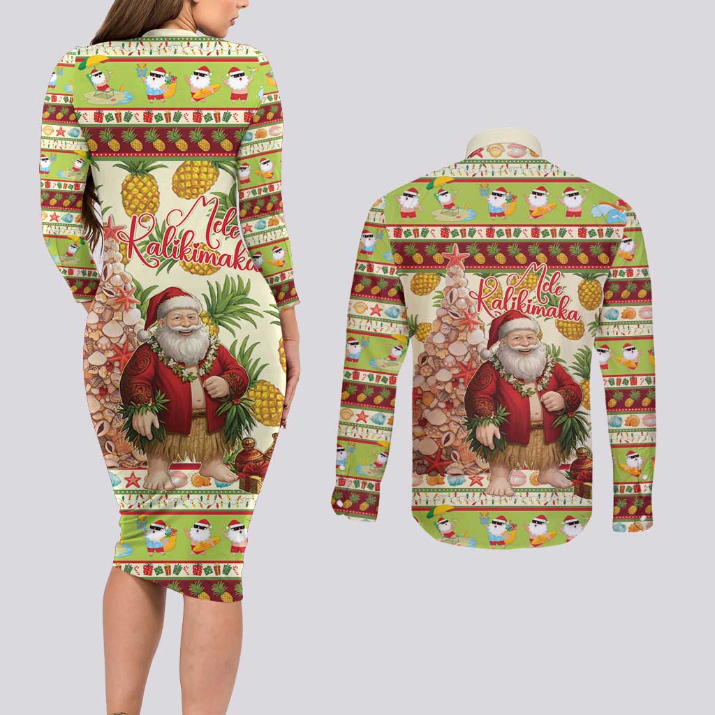 Hawaiian Santa Aloha Pineapple Christmas Couples Matching Long Sleeve Bodycon Dress and Long Sleeve Button Shirt Mele Kalikimaka - Polynesian Pride