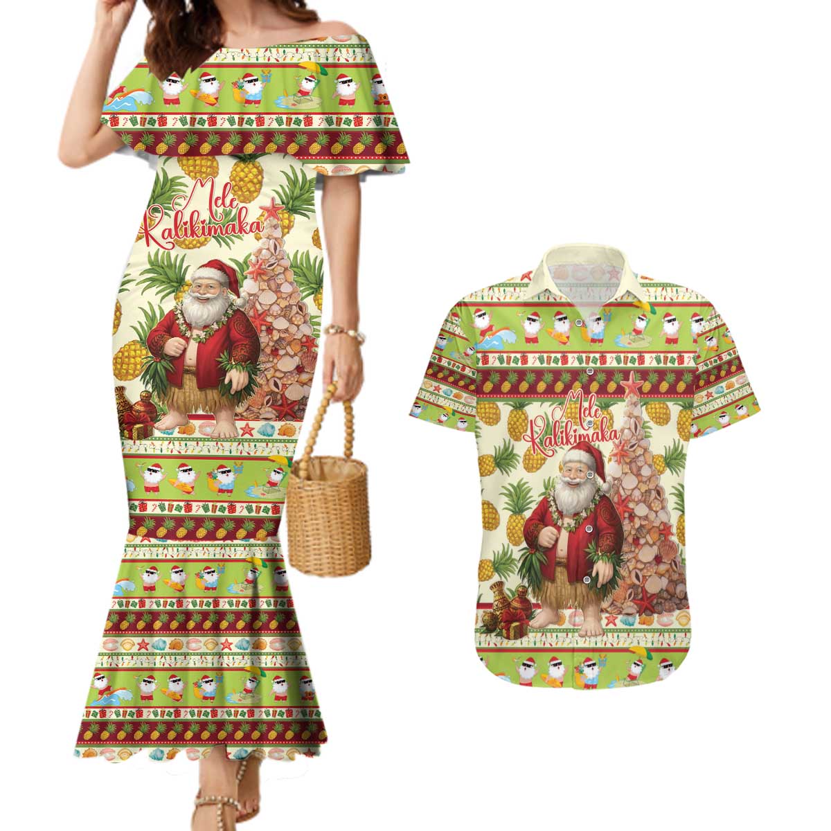 Hawaiian Santa Aloha Pineapple Christmas Couples Matching Mermaid Dress and Hawaiian Shirt Mele Kalikimaka - Polynesian Pride