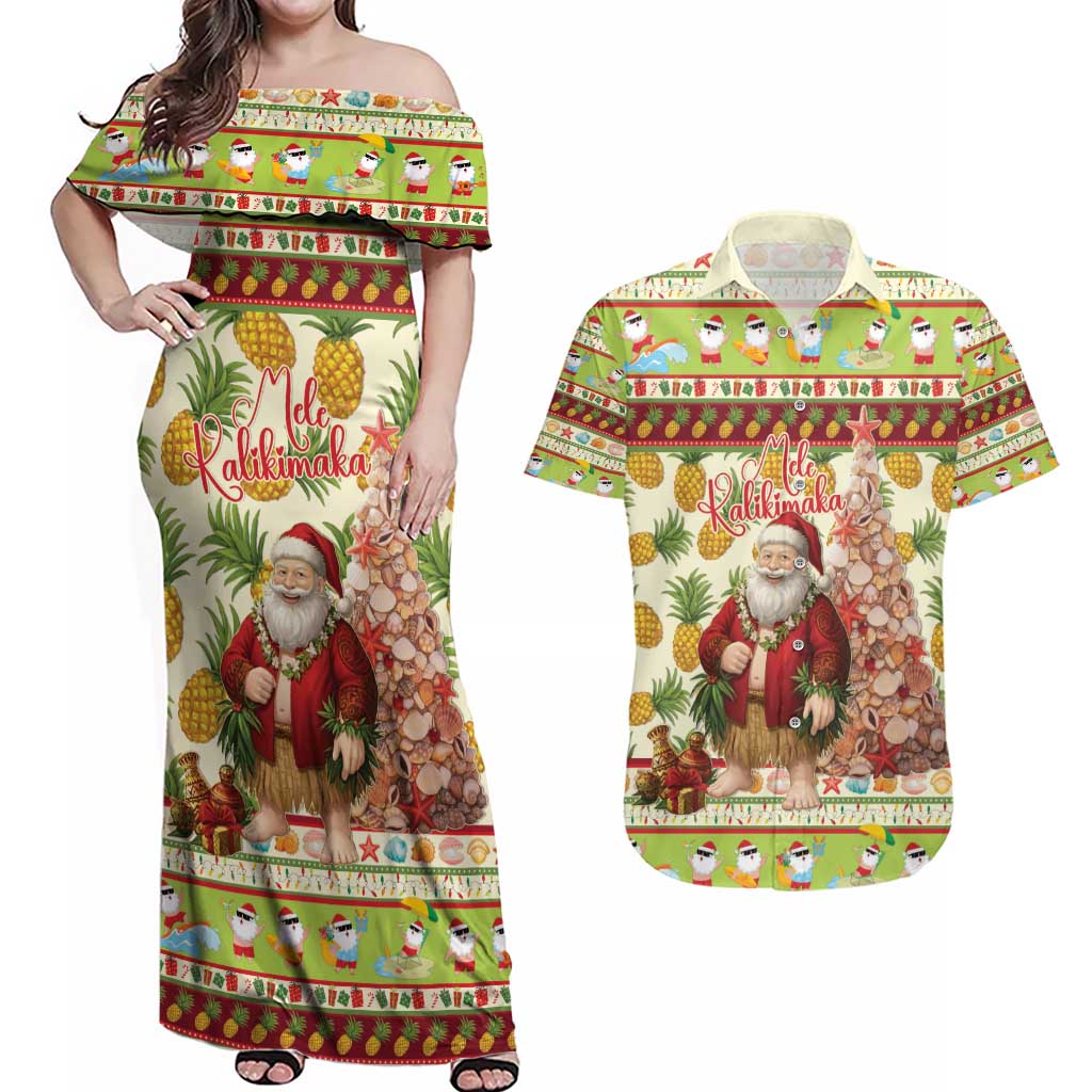 Hawaiian Santa Aloha Pineapple Christmas Couples Matching Off Shoulder Maxi Dress and Hawaiian Shirt Mele Kalikimaka - Polynesian Pride