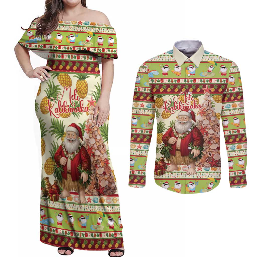 Hawaiian Santa Aloha Pineapple Christmas Couples Matching Off Shoulder Maxi Dress and Long Sleeve Button Shirt Mele Kalikimaka - Polynesian Pride