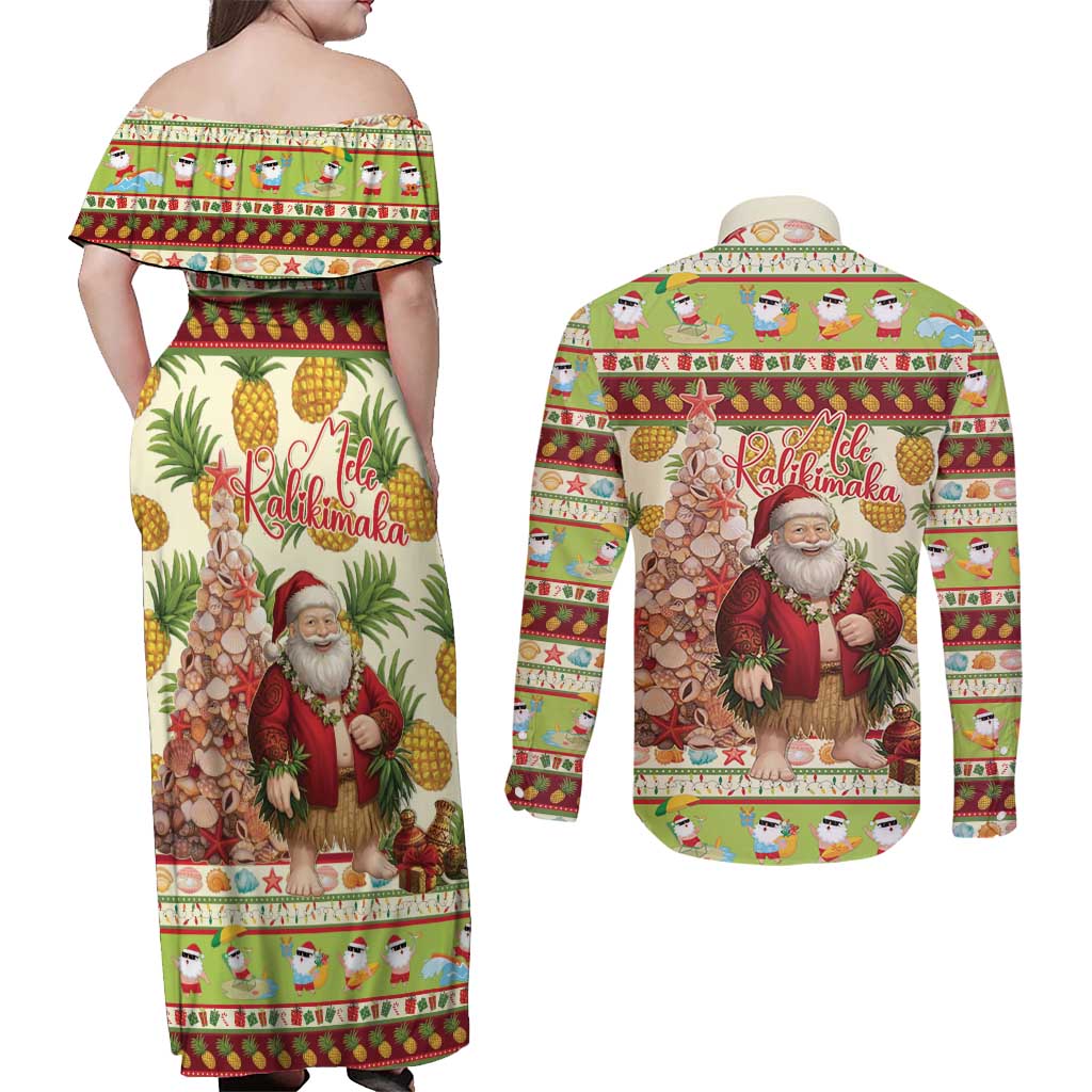 Hawaiian Santa Aloha Pineapple Christmas Couples Matching Off Shoulder Maxi Dress and Long Sleeve Button Shirt Mele Kalikimaka - Polynesian Pride