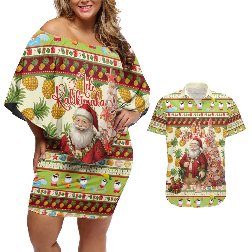 Hawaiian Santa Aloha Pineapple Christmas Couples Matching Off Shoulder Short Dress and Hawaiian Shirt Mele Kalikimaka - Polynesian Pride