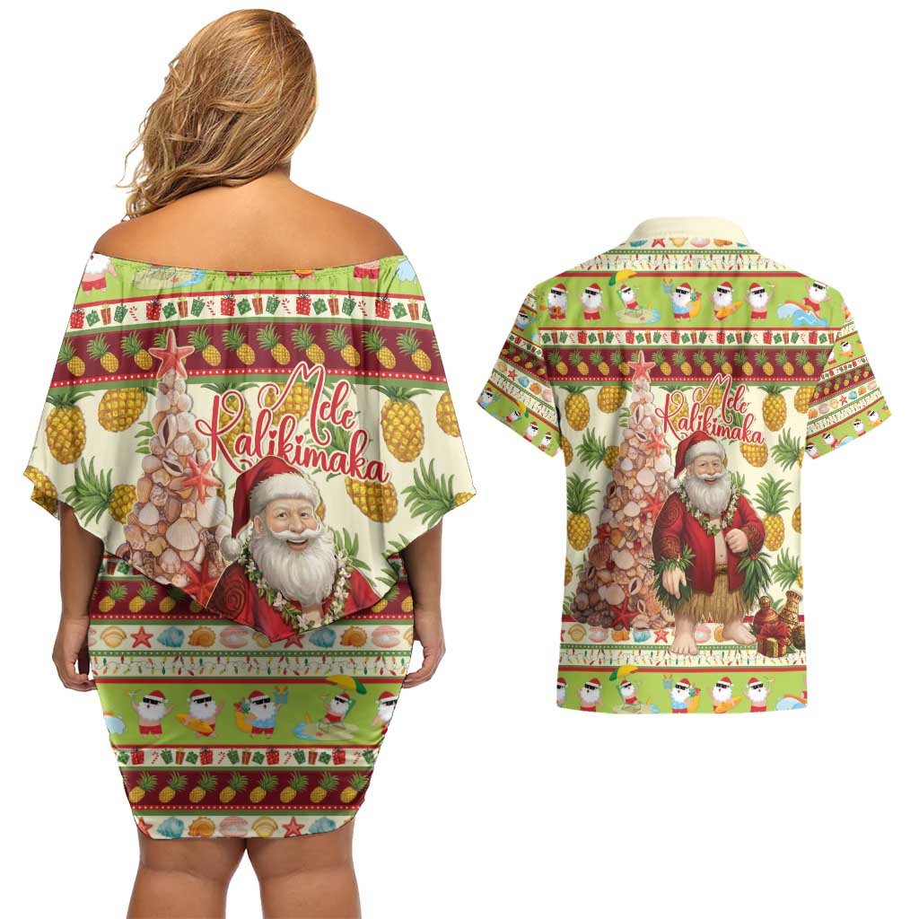 Hawaiian Santa Aloha Pineapple Christmas Couples Matching Off Shoulder Short Dress and Hawaiian Shirt Mele Kalikimaka - Polynesian Pride