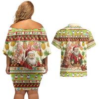 Hawaiian Santa Aloha Pineapple Christmas Couples Matching Off Shoulder Short Dress and Hawaiian Shirt Mele Kalikimaka - Polynesian Pride