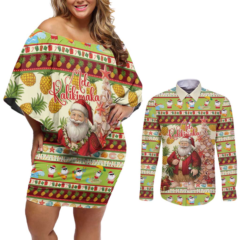 Hawaiian Santa Aloha Pineapple Christmas Couples Matching Off Shoulder Short Dress and Long Sleeve Button Shirt Mele Kalikimaka - Polynesian Pride