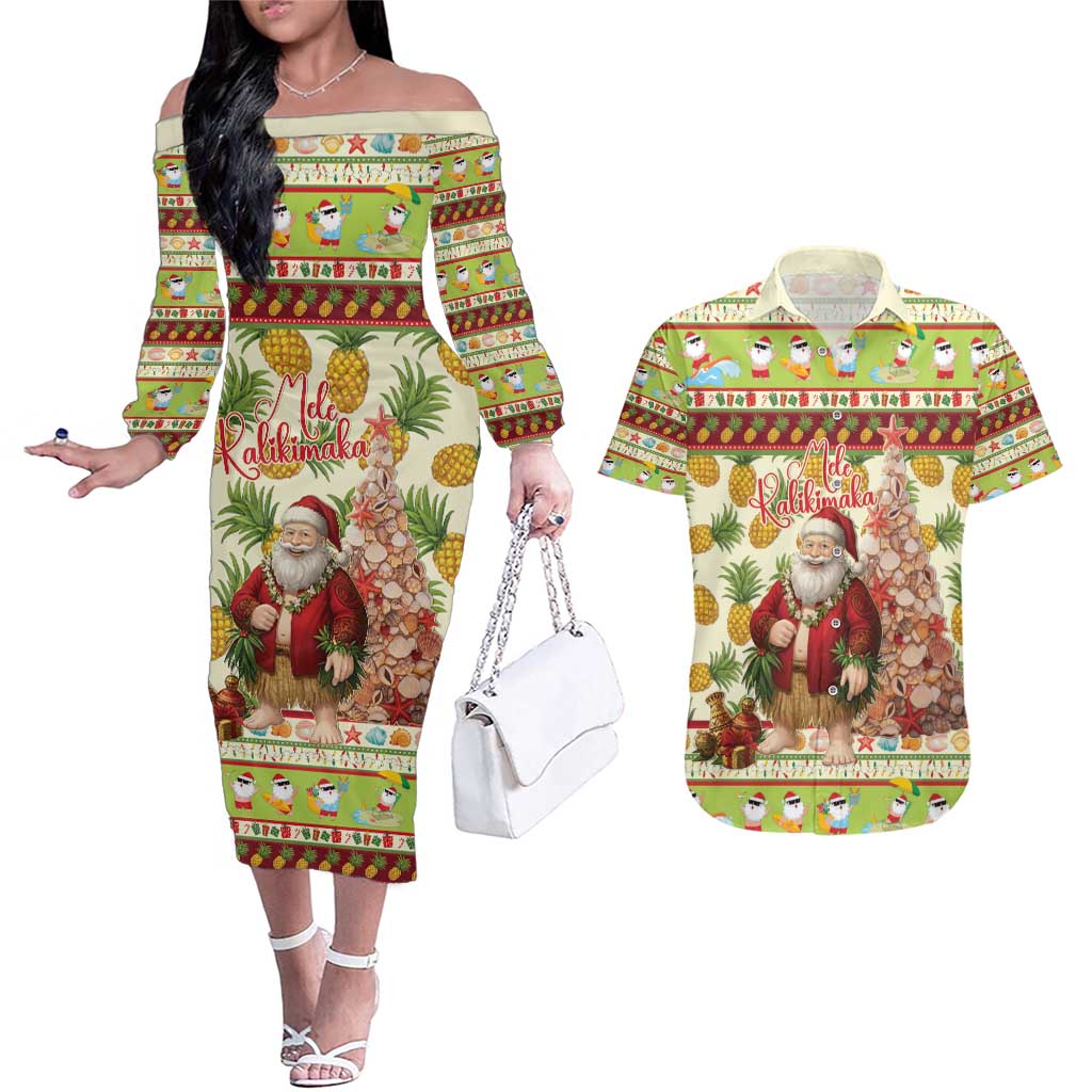 Hawaiian Santa Aloha Pineapple Christmas Couples Matching Off The Shoulder Long Sleeve Dress and Hawaiian Shirt Mele Kalikimaka - Polynesian Pride