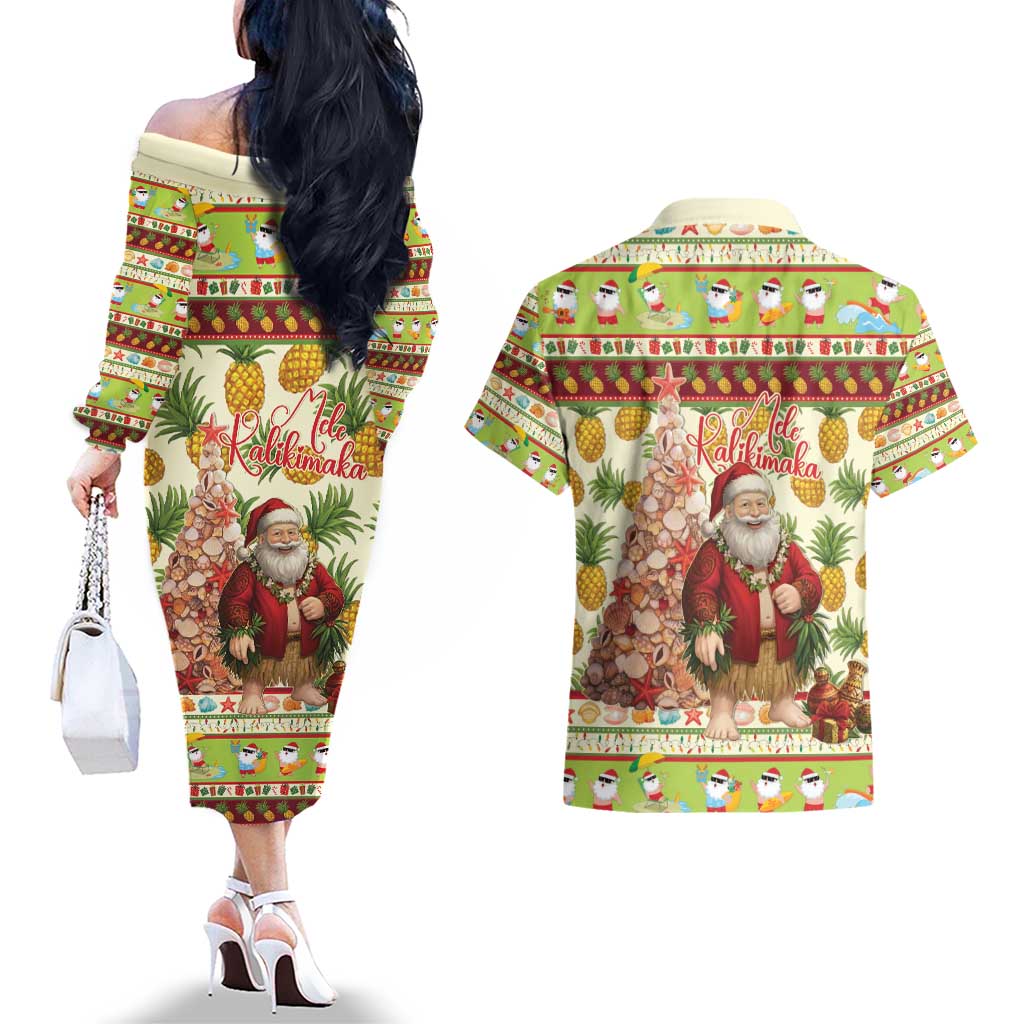 Hawaiian Santa Aloha Pineapple Christmas Couples Matching Off The Shoulder Long Sleeve Dress and Hawaiian Shirt Mele Kalikimaka - Polynesian Pride