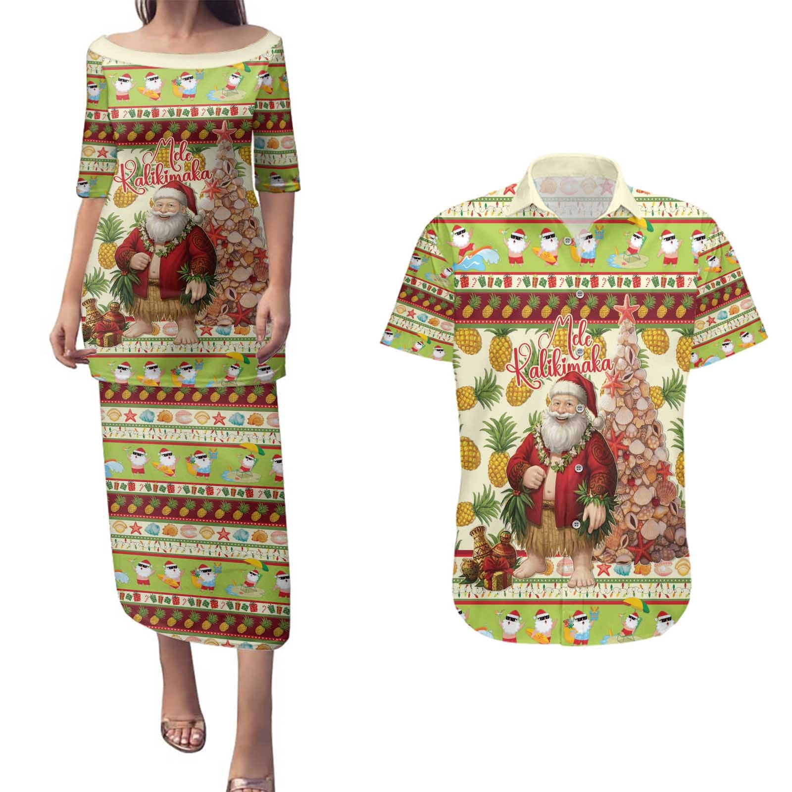 Hawaiian Santa Aloha Pineapple Christmas Couples Matching Puletasi and Hawaiian Shirt Mele Kalikimaka - Polynesian Pride