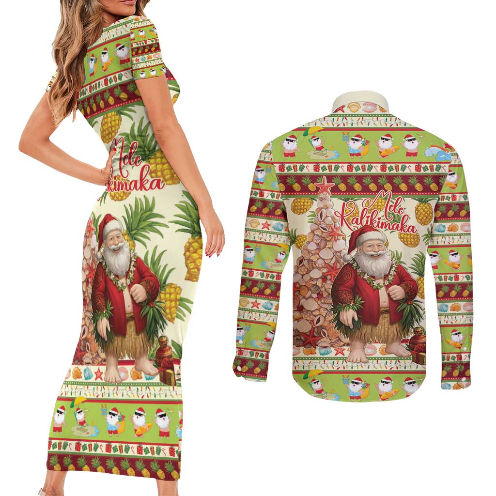 Hawaiian Santa Aloha Pineapple Christmas Couples Matching Short Sleeve Bodycon Dress and Long Sleeve Button Shirt Mele Kalikimaka - Polynesian Pride