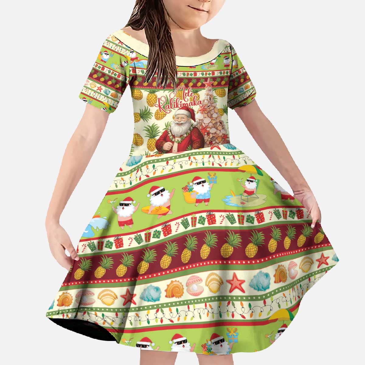 Hawaiian Santa Aloha Pineapple Christmas Family Matching Off The Shoulder Long Sleeve Dress and Hawaiian Shirt Mele Kalikimaka - Polynesian Pride