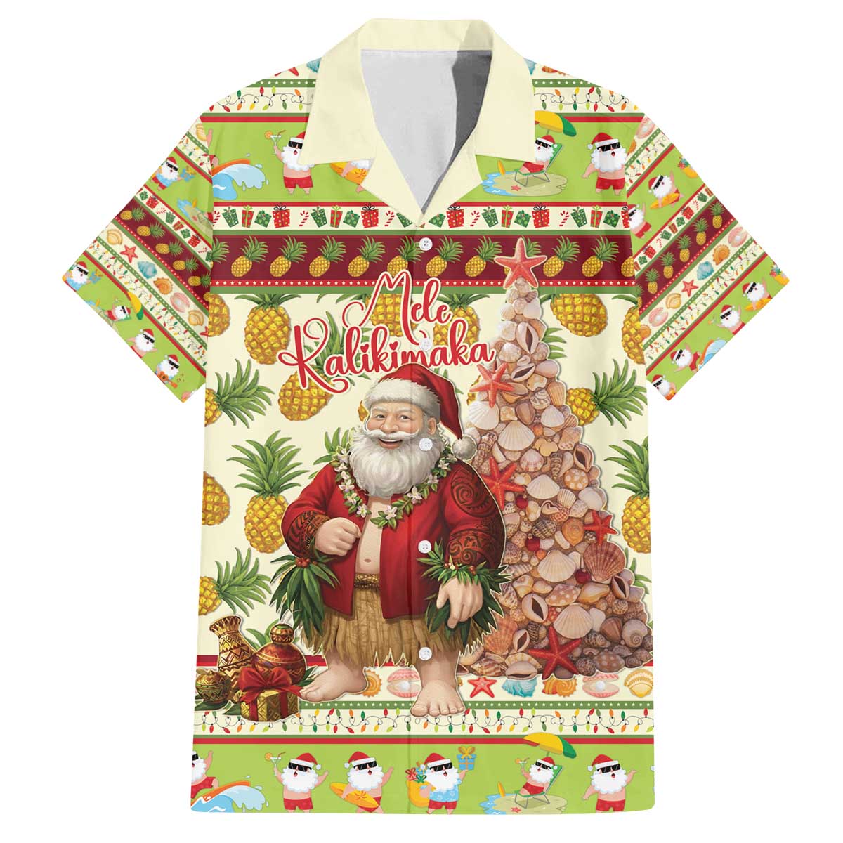 Hawaiian Santa Aloha Pineapple Christmas Family Matching Off The Shoulder Long Sleeve Dress and Hawaiian Shirt Mele Kalikimaka - Polynesian Pride
