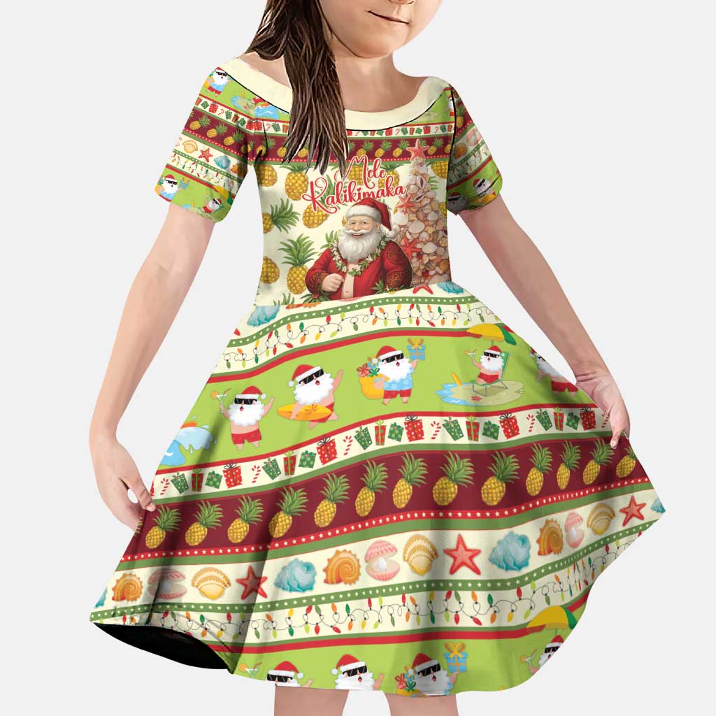 Hawaiian Santa Aloha Pineapple Christmas Family Matching Summer Maxi Dress and Hawaiian Shirt Mele Kalikimaka LT15 Daughter's Dress Cream - Polynesian Pride