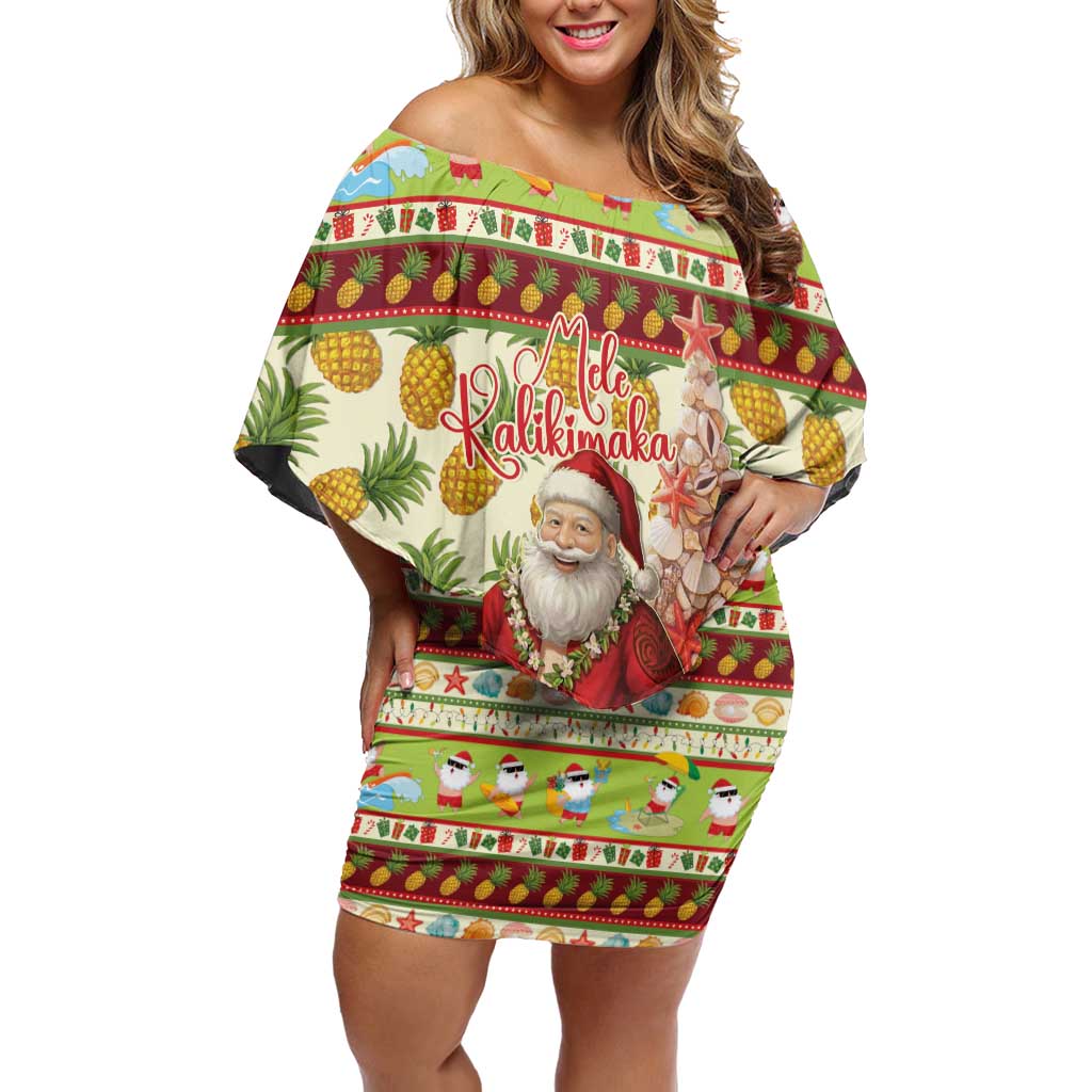 Hawaiian Santa Aloha Pineapple Christmas Off Shoulder Short Dress Mele Kalikimaka - Polynesian Pride