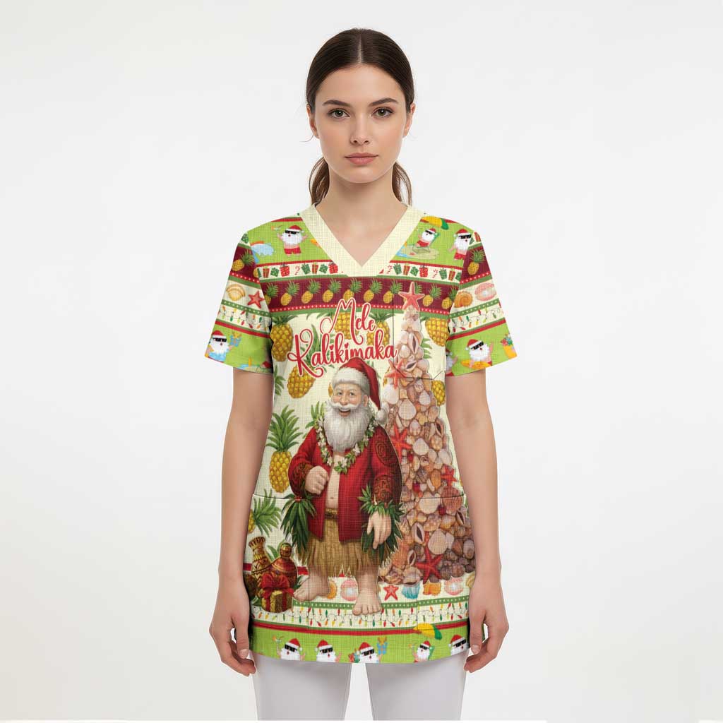 Hawaiian Santa Aloha Pineapple Christmas Scrub Top Mele Kalikimaka - Polynesian Pride