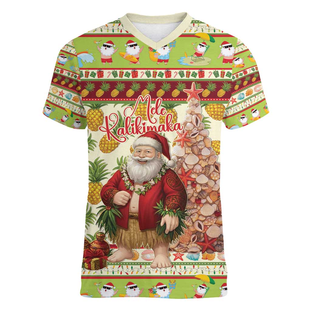 Hawaiian Santa Aloha Pineapple Christmas Women V-Neck T-Shirt Mele Kalikimaka - Polynesian Pride