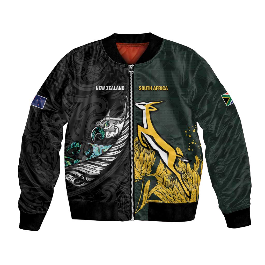New Zealand and South Africa Rugby Custom Bomber Jacket Silver Fern With Springboks