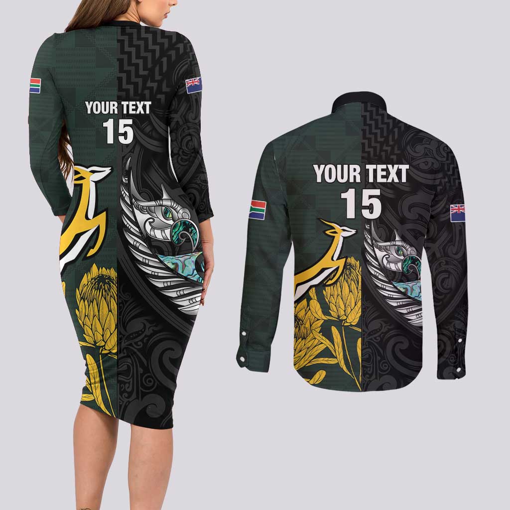 New Zealand and South Africa Rugby Custom Couples Matching Long Sleeve Bodycon Dress and Long Sleeve Button Shirt Silver Fern With Springboks