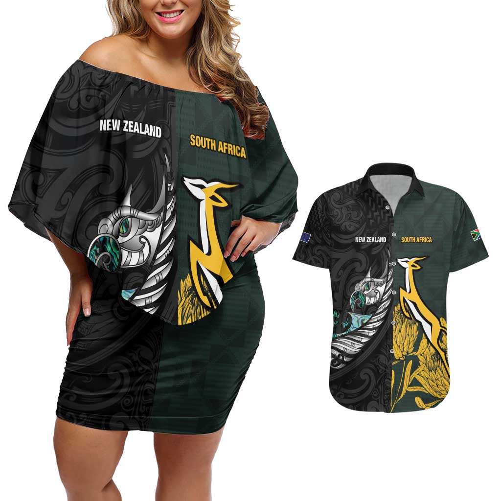 New Zealand and South Africa Rugby Custom Couples Matching Off Shoulder Short Dress and Hawaiian Shirt Silver Fern With Springboks