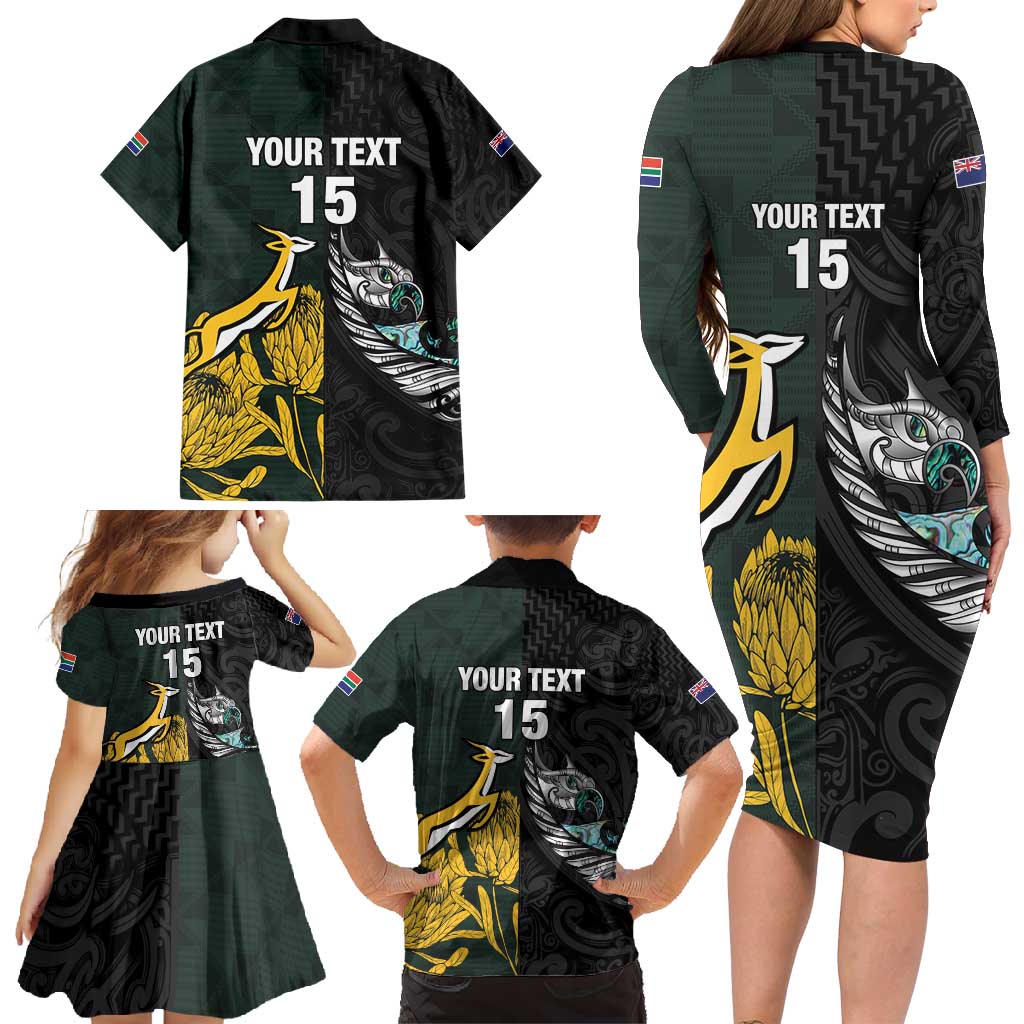 New Zealand and South Africa Rugby Custom Family Matching Long Sleeve Bodycon Dress and Hawaiian Shirt Silver Fern With Springboks